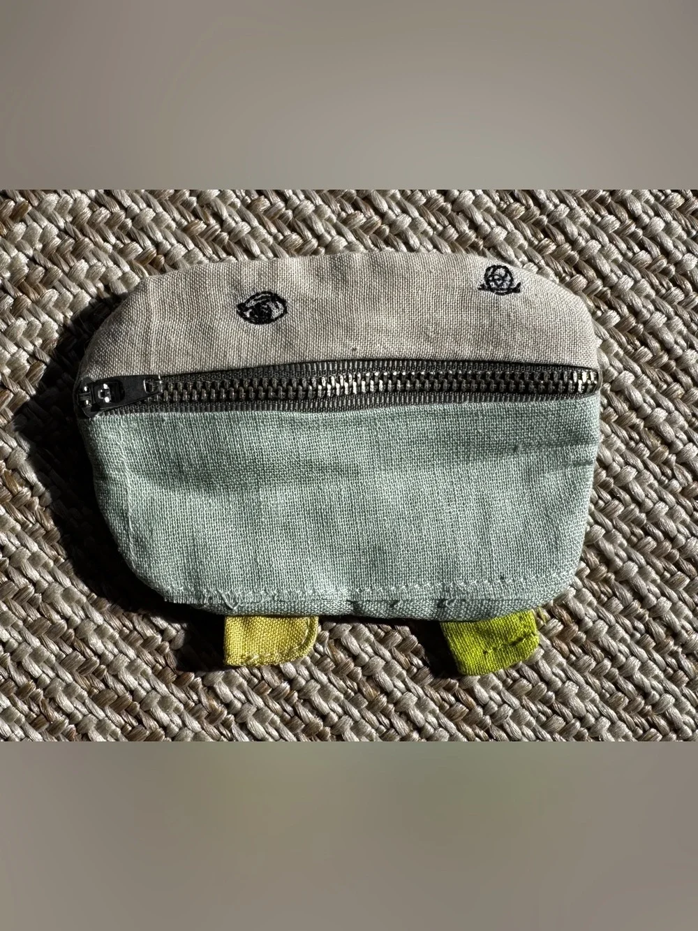 Brand New Anthropologie green and cream canvas monster pouch with yellow feet